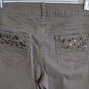 Olive Green Grey Stretch Skinny Jeans with Brass Back Pocket Detail